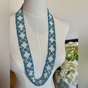 Teal & White Beaded Statement Necklace | Wide Tribal Boho Collar